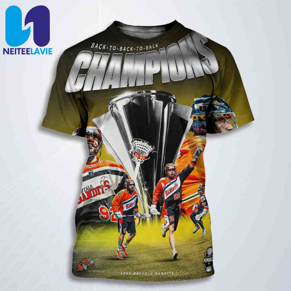 Congratulations to Buffalo Bandits Champion NLL Cup 2025 They got their Three-Peat All Over Print T-Shirt Congratulations to Buffalo Bandits Champion NLL Cup 2025 They got their Three-Peat All Over Print T-Shirt