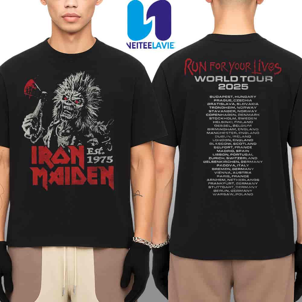 Iron Maiden Est 1975 Run For Your Lives World Tour 2025 Merchandise Two Sided Unisex T-Shirt Iron Maiden Est 1975 Run For Your Lives World Tour 2025 Merchandise Two Sided Unisex T-Shirt