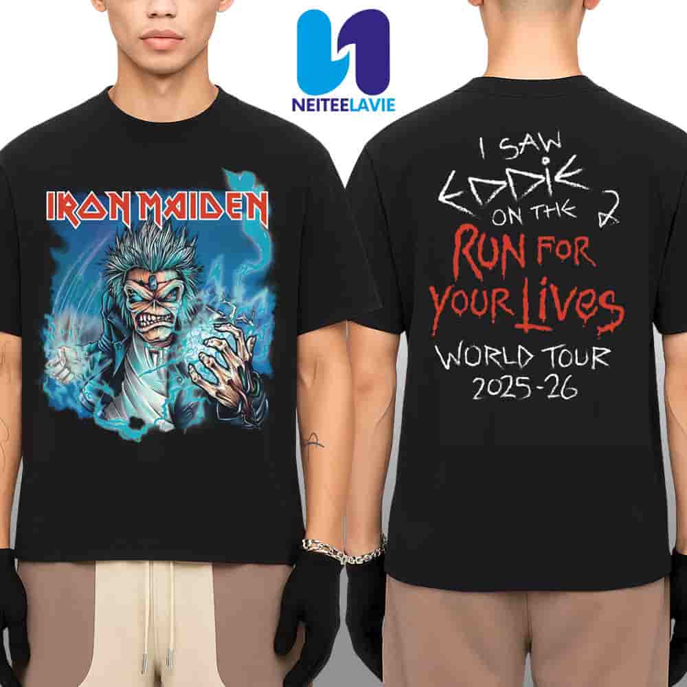 Iron Maiden I Saw A Rambunctious Eddie On The Run For Your Lives World Tour 2025-26 Merchandise Two Sided Unisex T-Shirt Iron Maiden I Saw A Rambunctious Eddie On The Run For Your Lives World Tour 2025-26 Merchandise Two Sided Unisex T-Shirt