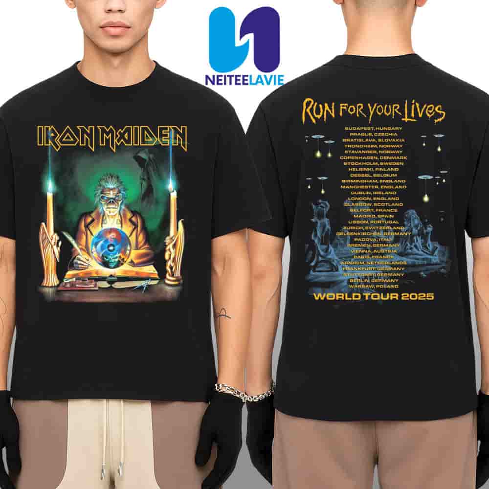 Iron Maiden Run For Your Lives World Tour Dates 2025 Retro Clairvoyant Merch Two Sided Unisex T-Shirt Iron Maiden Run For Your Lives World Tour Dates 2025 Retro Clairvoyant Merch Two Sided Unisex T-Shirt