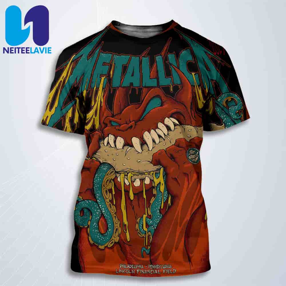 Metallica M72 Philly Night 1 And Night 2 Poster In Philadelphia Pennsylvania On May 23rd 2025 At Lincoln Financial Field All Over Print T-Shirt Metallica M72 Philly Night 1 And Night 2 Poster In Philadelphia Pennsylvania On May 23rd 2025 At Lincoln Financial Field All Over Print T-Shirt