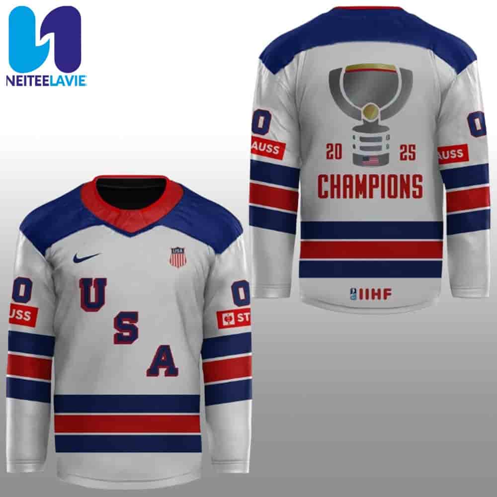 USA Hockey Champions IIHF 2025 Hockey Jersey With Collar Logo Placement USA Hockey Champions IIHF 2025 Hockey Jersey With Collar Logo Placement