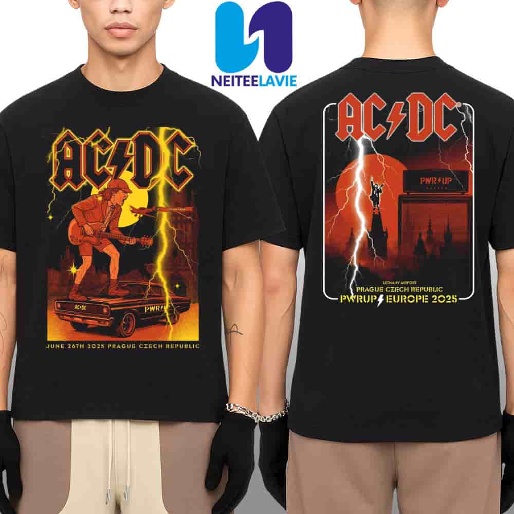 AC/DC PWR UP Tour 2025 Concert Poster In Prague Czech Republic On June 26 At Airport Letnany Merchandise Two Sided Unisex T-Shirt AC/DC PWR UP Tour 2025 Concert Poster In Prague Czech Republic On June 26 At Airport Letnany Merchandise Two Sided Unisex T-Shirt