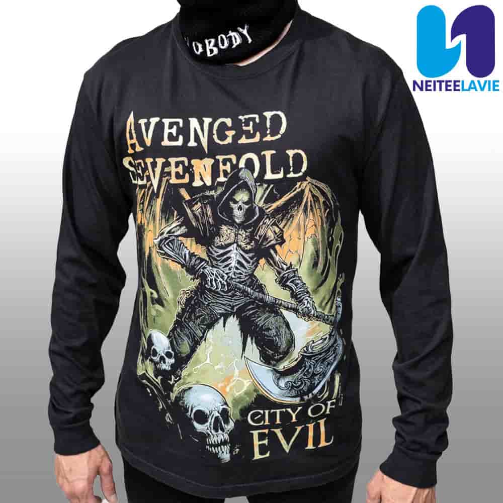 Avenged Sevenfold Evil Never Dies Exclusive City of Evil 20th Anniversary Long Sleeve Tee Shirt Avenged Sevenfold Evil Never Dies Exclusive City of Evil 20th Anniversary Long Sleeve Tee Shirt