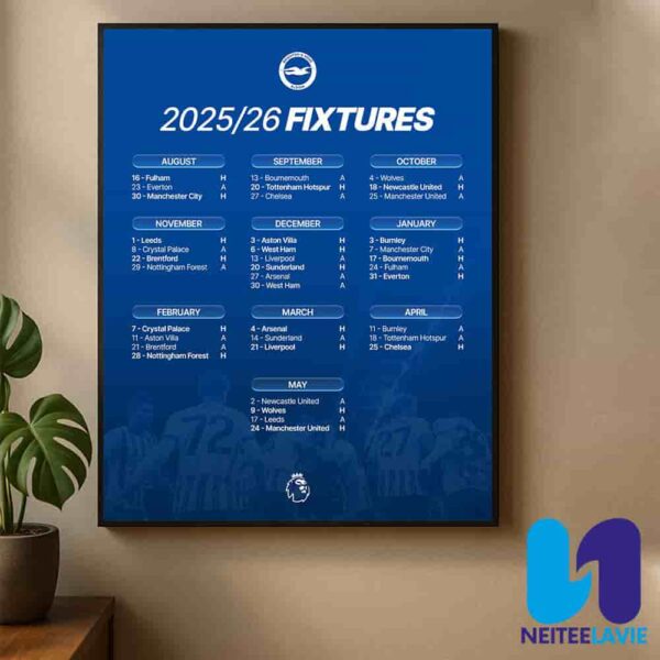 Brighton And Hove Albion FC Premier League Fixtures 2025-26 Full Season Schedule Released Home Decor Poster Canvas