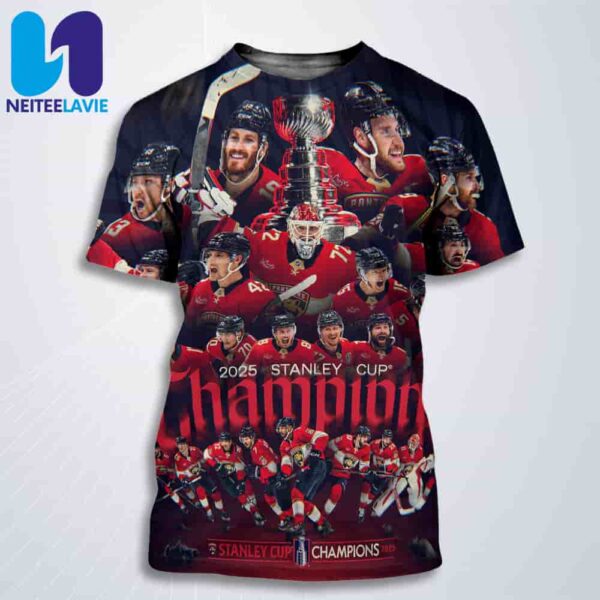 Florida Panthers Winners 2025 Stanley Cup NHL Champions Celebration All Over Print T-Shirt