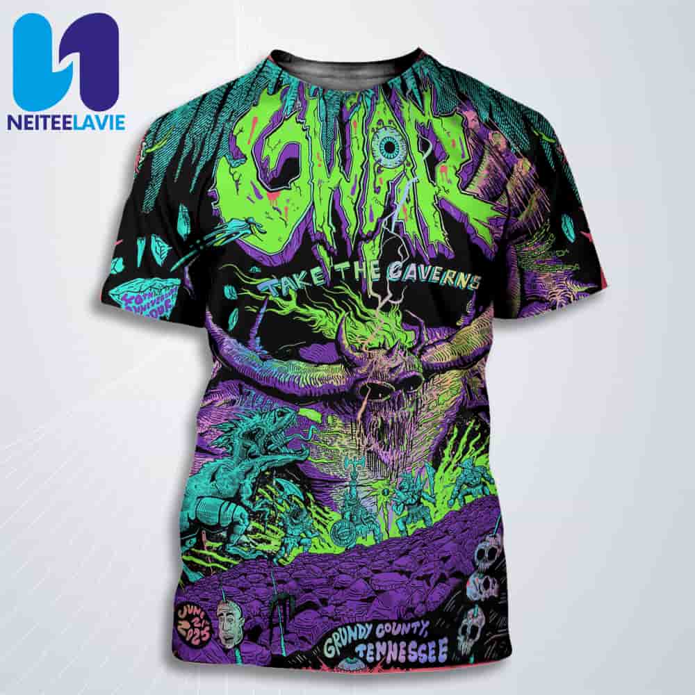 GWAR Take The Caverns 40th Anniversary Tour Poster In Grundy Country Tennessee On June 21 2025 All Over Print T-Shirt GWAR Take The Caverns 40th Anniversary Tour Poster In Grundy Country Tennessee On June 21 2025 All Over Print T-Shirt