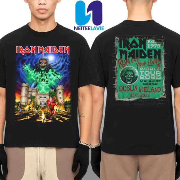 Iron Maiden Run For Your Lives World Tour 2025 Dublin Ireland On June 25 At Malahide Castle Merchandise Two Sided Unisex T-Shirt