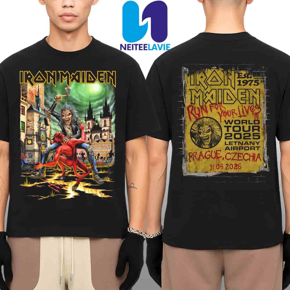 Iron Maiden Run For Your Lives World Tour 2025 In Prague CZECH On May 31 At Letnany Airport Merch Two Sided Unisex T-Shirt Iron Maiden Run For Your Lives World Tour 2025 In Prague CZECH On May 31 At Letnany Airport Merch Two Sided Unisex T-Shirt