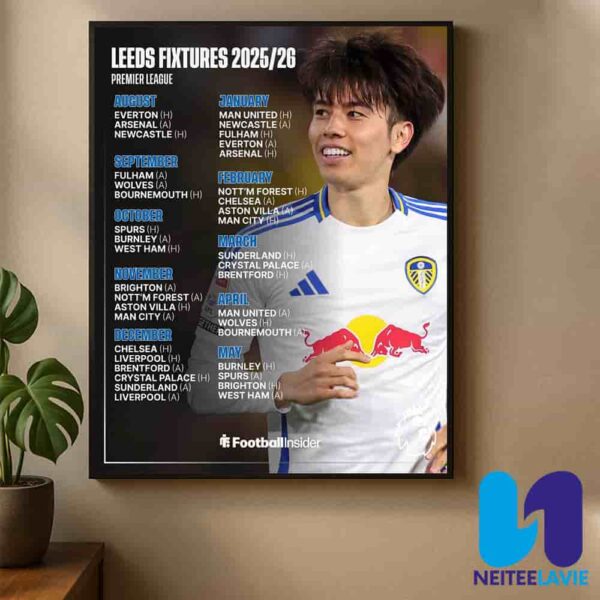 Leeds United Fixtures For The 2025-26 Premier League Season Home Decor Poster Canvas