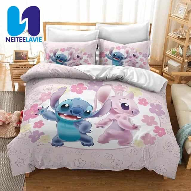 Lilo And Stitch Bedding Set Happy Together In Flower Garden Lilo And Stitch Bedding Set Happy Together In Flower Garden
