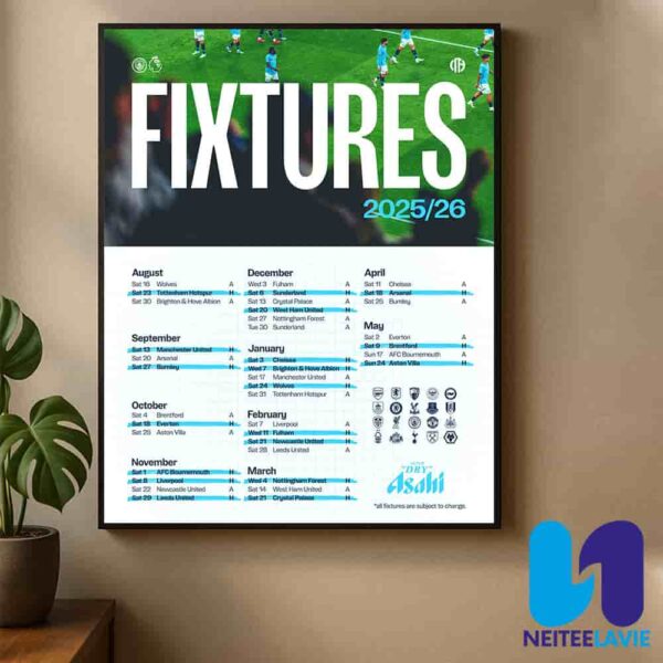 Manchester City FC Premier League Fixtures 2025-26 Full Season Schedule Released Home Decor Poster Canvas
