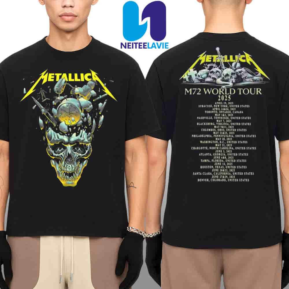 Metallica M72 World Tour 2025 Official Black Unisex T-Shirt Full Dates And Cities Back Print Metallica M72 World Tour 2025 Official Black Unisex T-Shirt Full Dates And Cities Back Print