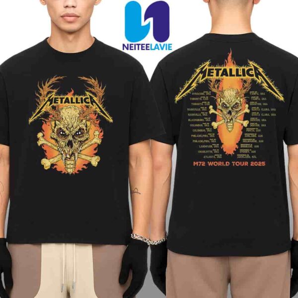 Metallica M72 World Tour Dates List 2025 Flaming Skull Heavy Metal Merchandise Two Sided Unisex T-Shirt