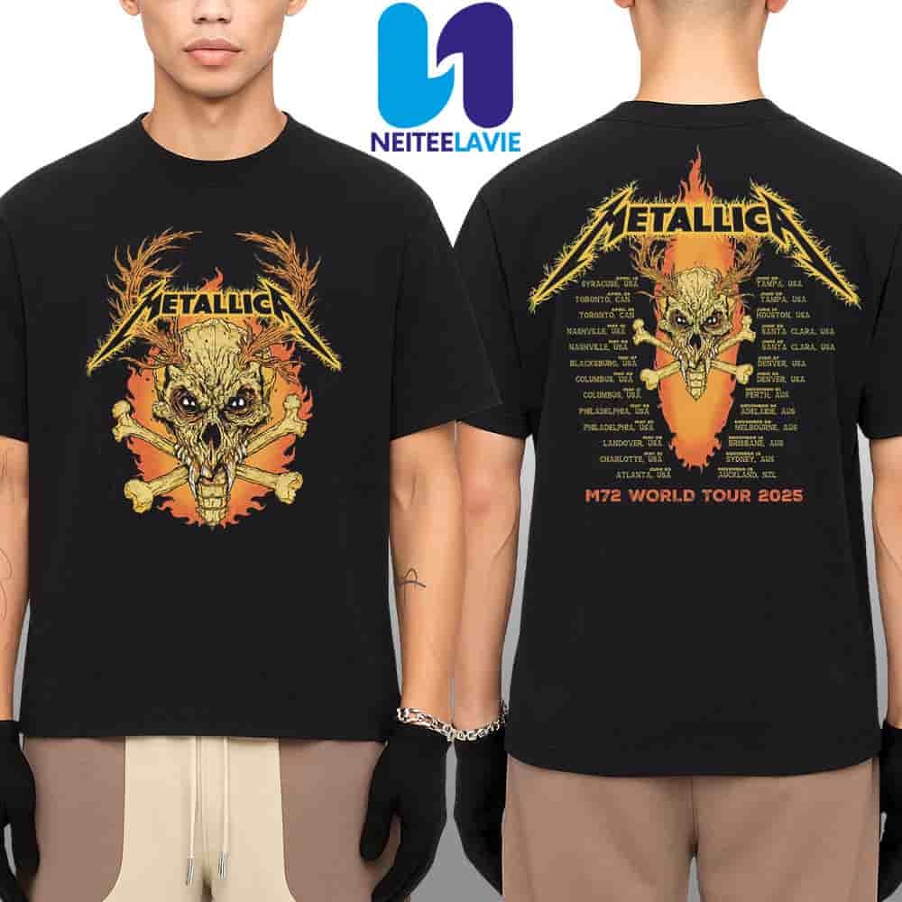 Metallica M72 World Tour Dates List 2025 Flaming Skull Heavy Metal Merchandise Two Sided Unisex T-Shirt Metallica M72 World Tour Dates List 2025 Flaming Skull Heavy Metal Merchandise Two Sided Unisex T-Shirt