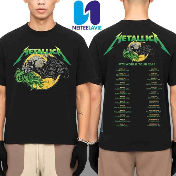 Metallica M72 World Tour Dates List 2025 Ktulu Tee Skull Bat Graphic Merchandise Two Sided Unisex T-Shirt
