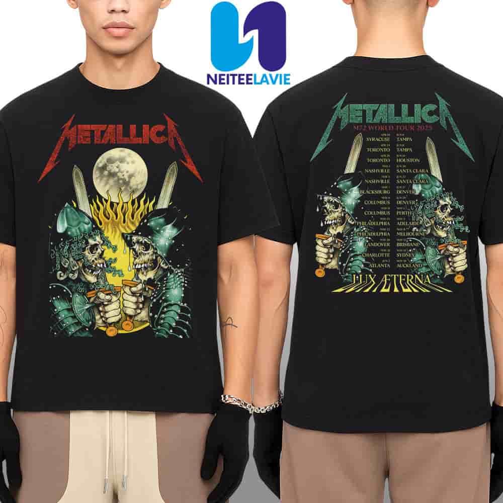 Metallica M72 World Tour Dates List 2025 Lux Aeterna Skeleton Merchandise Two Sided Unisex T-Shirt Metallica M72 World Tour Dates List 2025 Lux Aeterna Skeleton Merchandise Two Sided Unisex T-Shirt