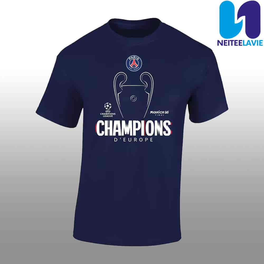 Munich 25 Final PSG UCL Champions 2025 Trophy Outline Graphic T-Shirt Munich 25 Final PSG UCL Champions 2025 Trophy Outline Graphic T-Shirt