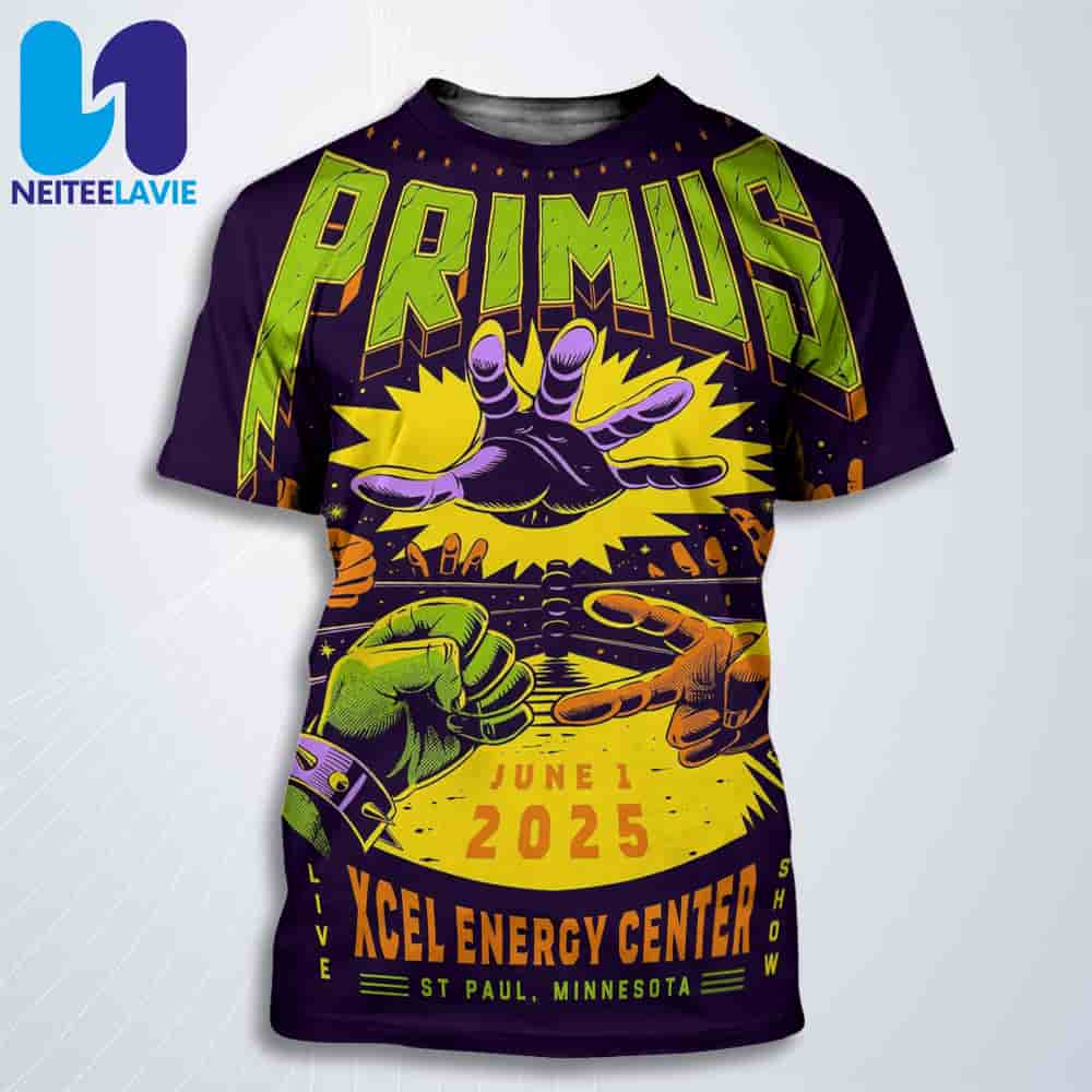 Primus Concert Poster In Saint Paul MN On June 1st 2025 At Xcel Energy Center All Over Print T-Shirt Primus Concert Poster In Saint Paul MN On June 1st 2025 At Xcel Energy Center All Over Print T-Shirt