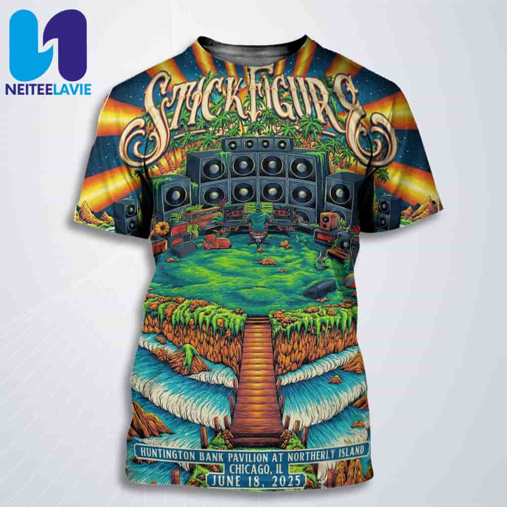 Stick Figure Concert Poster In Chicago IL On June 18 2025 At Huntington Bank Pavilion at Northerly Island All Over Print T-Shirt Stick Figure Concert Poster In Chicago IL On June 18 2025 At Huntington Bank Pavilion at Northerly Island All Over Print T-Shirt