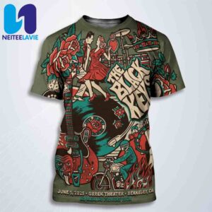 The Black Keys Concert Poster No Rain No Flowers Tour 2025 In Barkeley CA On June 1st At Greek Theater All Over Print T-Shirt
