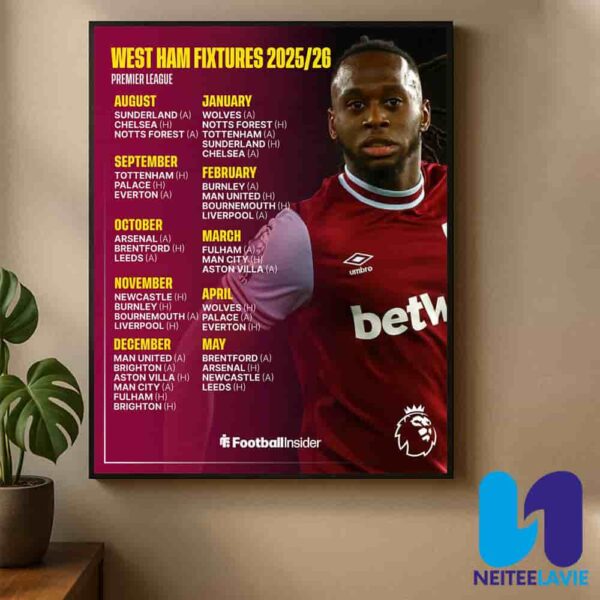 West Ham Fixtures For The 2025-26 Premier League Season Home Decor Poster Canvas