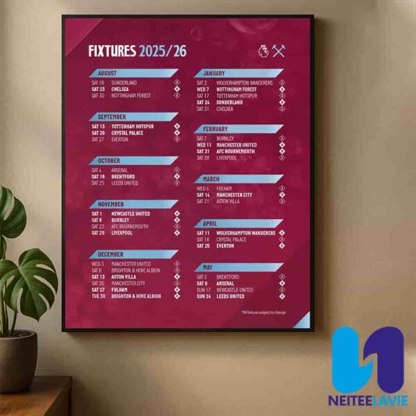 West Ham United FC Premier League Fixtures 2025-26 Full Season Schedule Released Home Decor Poster Canvas
