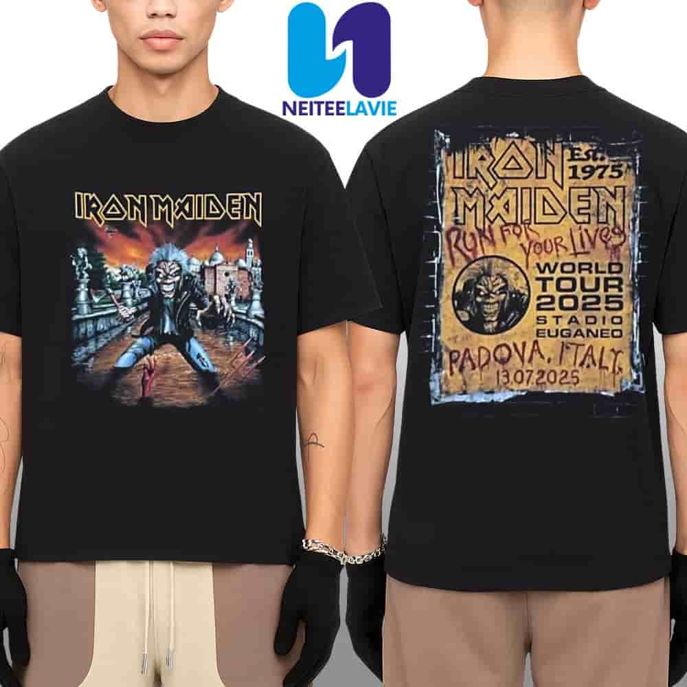 Iron Maiden Run For Your Lives World Tour 2025 Venue Tee In Padova Italy On July 17 At Stadio Euganeo Merchandise Two Sided Unisex T-Shirt Iron Maiden Run For Your Lives World Tour 2025 Venue Tee In Padova Italy On July 17 At Stadio Euganeo Merchandise Two Sided Unisex T-Shirt