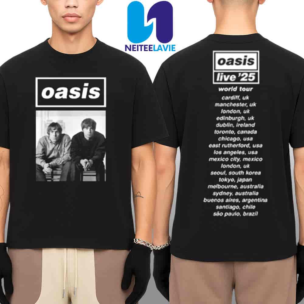 Oasis Live 25 World Tour 2025 Exclusive Photo Black White Tour Dated Tee In Cardiff At Principality Stadium On July 4 Merchandise Two Sided Unisex T-Shirt Oasis Live 25 World Tour 2025 Exclusive Photo Black White Tour Dated Tee In Cardiff At Principality Stadium On July 4 Merchandise Two Sided Unisex T-Shirt